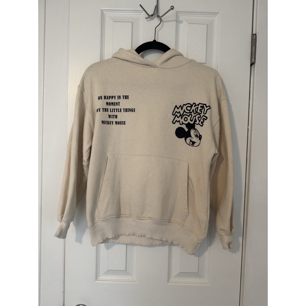 Zara Disney Mickey Mouse Cream Color Crewneck Hoodie with Black Print Sz13-14Y